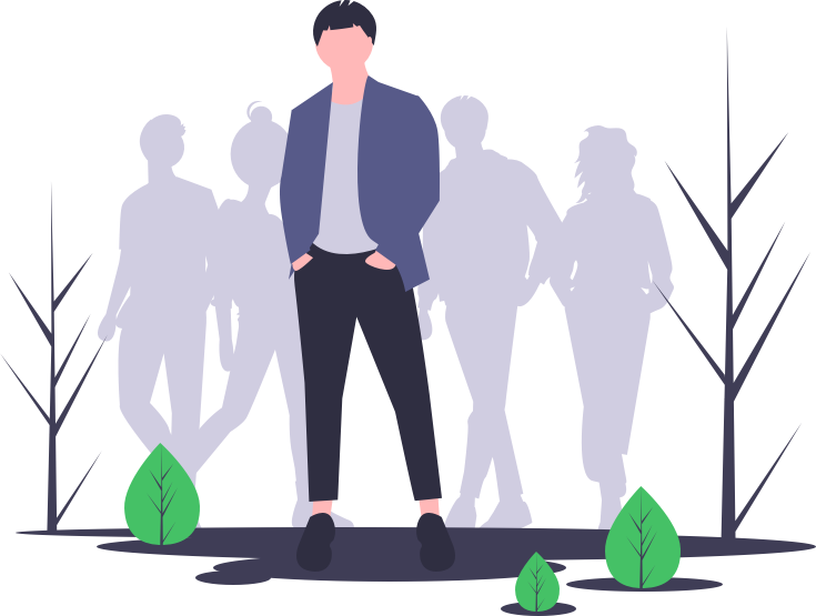 Illustration of person in front of crowd.